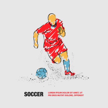 Futbol oyuncusu topla koşuyor. Karalama karalamaları ile Futbolcu vektör anahat.