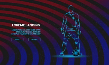 Futbolcu topun yanında duruyor ve bir tekme için hazırlanın. Açılış Sayfası Şablonu için Vektör Spor Arka Planı.
