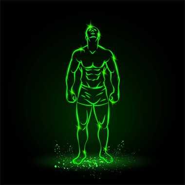 Bodybuilder anahat siluet. Kaslı adam kafa yukarı poz. Siyah arka plan üzerinde vektör yeşil neon illüstrasyon.