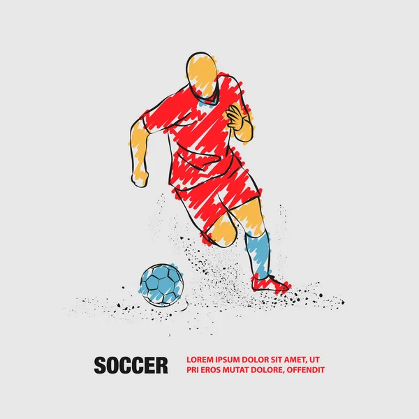 Ποδοσφαιριστής που τρέχει με την μπάλα. Διανυσματικό περίγραμμα του παίκτη ποδοσφαίρου με μουτζούρες. — Διανυσματικό Αρχείο