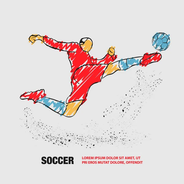 Voetballer. Football speler raakt de bal tijdens de vlucht. Vector omtrek van de voetballer met Krabbel doodles. — Stockvector