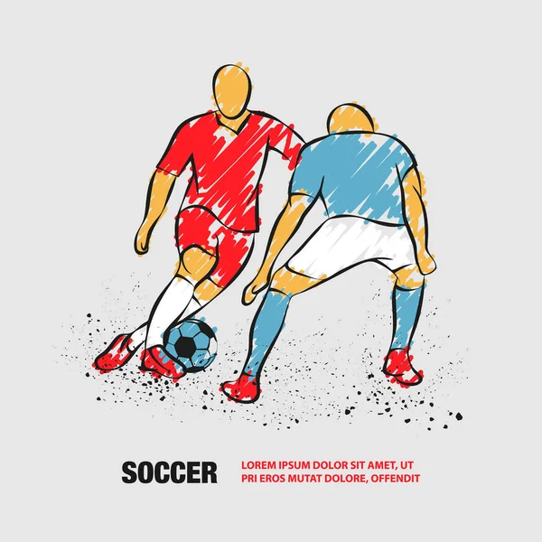 Δύο ποδοσφαιριστές παλεύουν για την μπάλα. Εμπρός και αμυντικός παίζοντας ποδόσφαιρο. Διανυσματικό περίγραμμα του παίκτη ποδοσφαίρου με μουτζούρες. — Διανυσματικό Αρχείο
