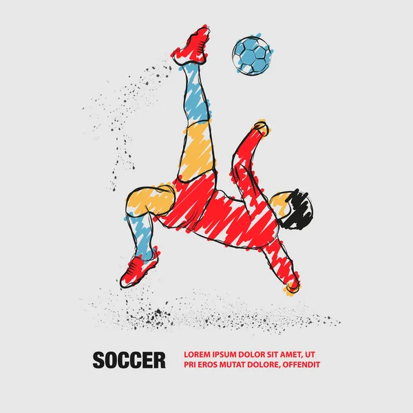 Soccer Player raakt de bal in vallen. Vector omtrek van de voetballer met Krabbel doodles. — Stockvector