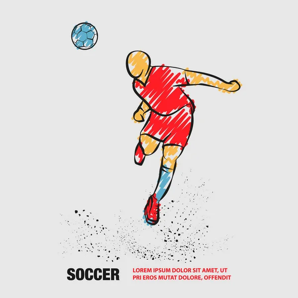 Jugador de fútbol al frente de la pelota. Silueta vectorial de un futbolista salto y pelota de fútbol. Esquema vectorial del jugador de fútbol con garabatos . — Vector de stock