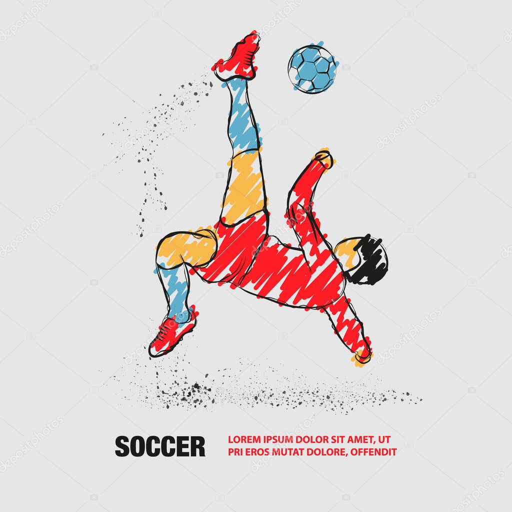 Soccer player hits the ball in falling. Vector outline of soccer player with scribble doodles.