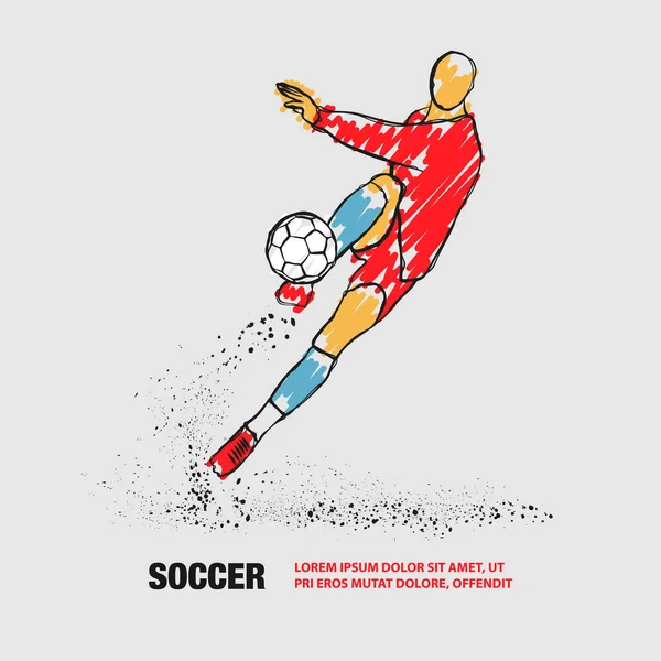 Soccer player hits the ball. Front view. Vector outline of soccer player with scribble doodles