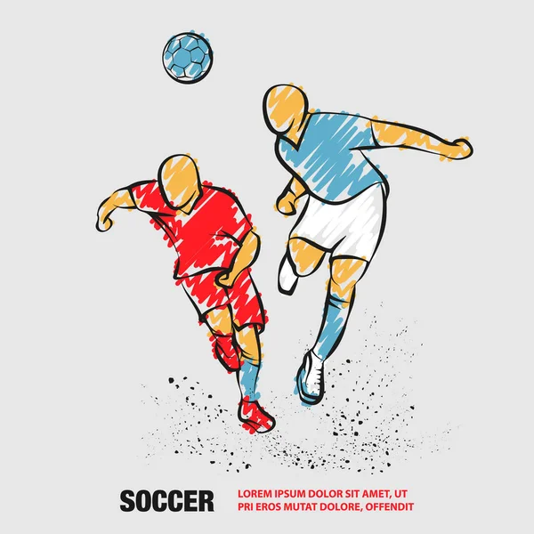 Zwei Fußballer kämpfen um den Ball. Vektor-Umriss eines Fußballers mit Kritzeleien — Stockvektor