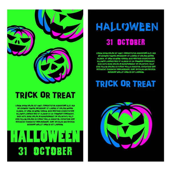 Conjunto de folheto de festa de Halloween. Cartaz de festa de Halloween com lanterna de abóbora de néon verde . —  Vetores de Stock