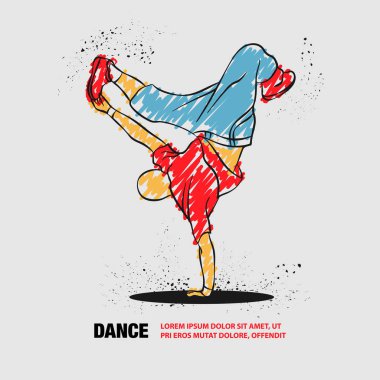 Breakdancer dancing and making a frieze on one hand. Vector outline of Breakdancer with scribble doodles. clipart