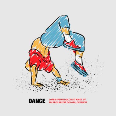 Breakdancer arkadan takla atıyor. Adam hip hop tarzı dans ediyor. Karalama karalamaları ile Breakdancer vektör anahat.