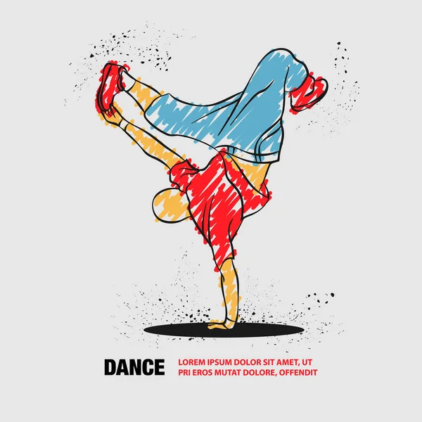 Breakdancer bailando y haciendo un friso por una mano. Esquema vectorial de Breakdancer con garabatos . — Vector de stock