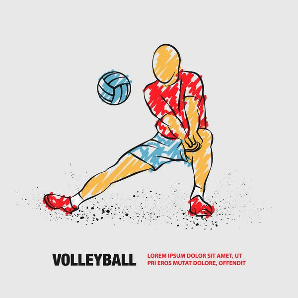 Volleybollspelare spelar volleyboll. Vektor kontur av volleybollspelare med klotter doodles. — Stock vektor