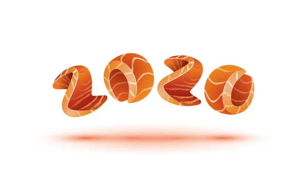 Felice anno nuovo 2020 text design. Numeri di stile salmone per lo sfondo del calendario sushi . — Vettoriale Stock