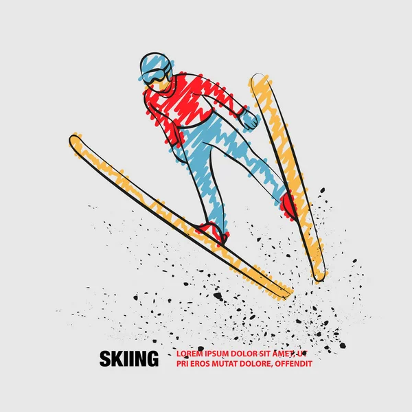 Kayak atleti uçuş pozisyonunda. Kayak Zıplama 'nın karalama ile vektör çizgisi. — Stok Vektör
