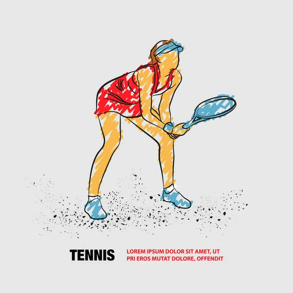 Jugadora profesional de tenis lista para servir. Esquema vectorial de tenis con garabatos . — Archivo Imágenes Vectoriales