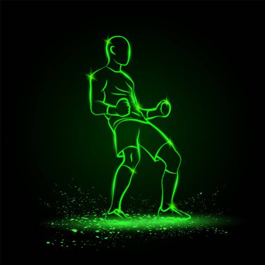 Futbolun galibi bir futbolcunun silueti. Vektör yeşil neon spor zafer illüstrasyonu.