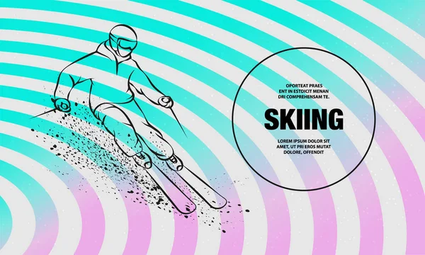 Σκιέρ σε πλαγιά βουνού με σπρέι χιονιού. Διάνυσμα περίγραμμα του αθλητισμού σκι απεικόνιση. — Διανυσματικό Αρχείο