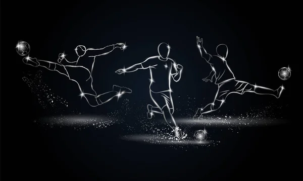 Fußballer legen los. Metallische lineare Fußballspieler-Illustration für Sportbanner, Hintergrund und Flyer. — Stockvektor