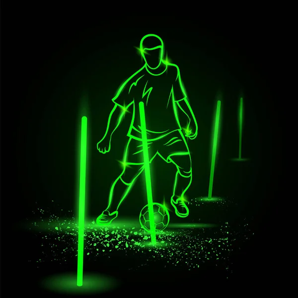 Fotbollsträning. Grön neon fotbollsspelare träning med boll mellan pinnarna. — Stock vektor