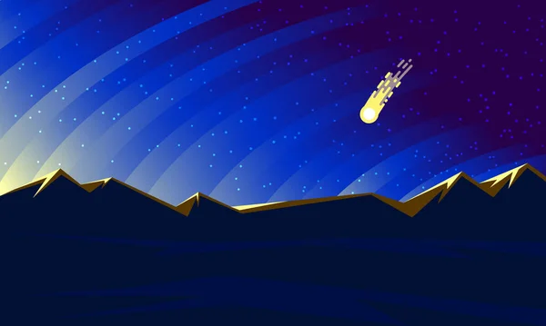 Zonsopkomst boven de bergen en komeet in de lucht. Vlakke vectornacht landschap met komeet aan de horizon. — Stockvector