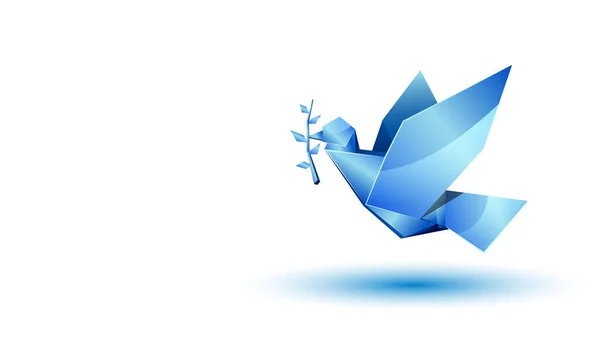 青い折り紙飛行は、コピースペースの場所と白い背景に枝で鳩. — ストックベクタ