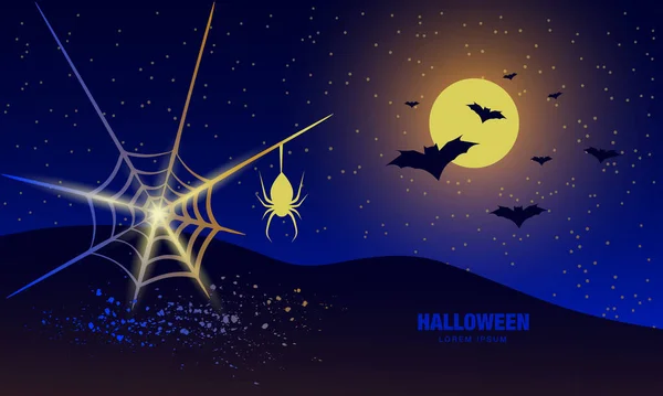 Banner de noite de Halloween com teia de aranha e aranha. —  Vetores de Stock