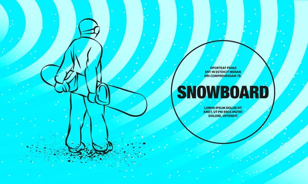 彼の手にボードで、バックビューに立ってスノーボーダー。スノーボードスポーツイラストのベクトル概要. — ストックベクタ