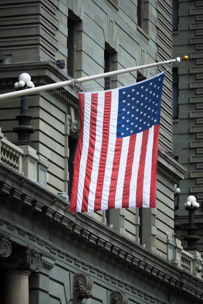 United States of America Flag On Historic Downtown Building
