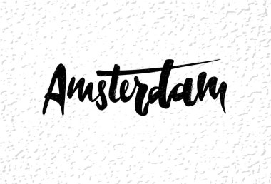 Elle çizilmiş etiket Amsterdam city ile yazı. Bu resimde bir Yazdır T-shirt, çanta, duvar, poster, tarih ve Turizm veya ziyaret promosyon için kullanılabilir.