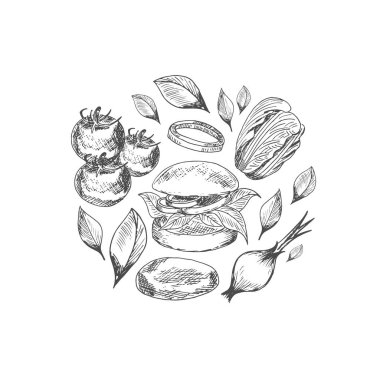 El burger ve sebze çizilmiş. İllüstrasyon fastfood cafe menü, afiş, poster için. Vektör. eps 10