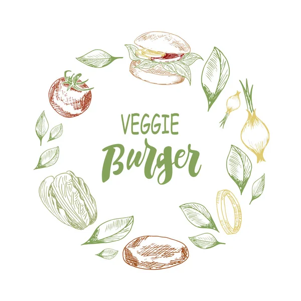 Veggie Burgers Logotipo Letras Verduras Hechas Mano Ilustración Para Menú — Vector de stock