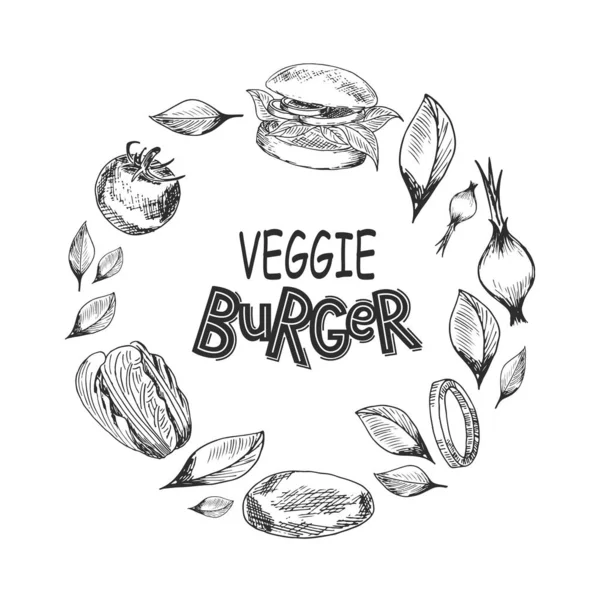 Veggie Burgers Logotipo Letras Artesanía Ilustración Verduras Para Menú Café — Vector de stock