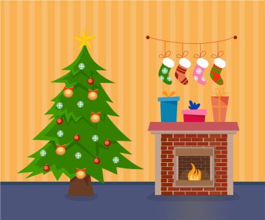 Noel dekorasyon Noel ağacı ve şömine. Oturma odası için yeni yıl düz stilde dekore edilmiş. Vektör çizim.