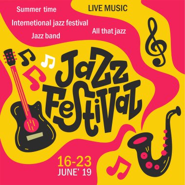 saksafon, nefesli çalgılar ve notalar ile caz festivali için afiş