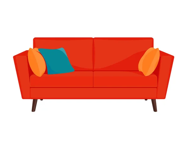 舒适的沙发在白色背景 独立的红色沙发休息室在内部 平的动画片样式向量例证 — 图库矢量图片