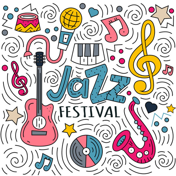 poster for the jazz festival with saxophone, wind instruments and a microphone