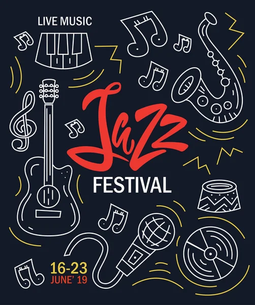Affiche Pour Festival Jazz Avec Saxophone Instruments Vent Microphone — Image vectorielle