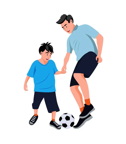 Jovem Pai Com Seu Filhinho Jogando Futebol Campo Futebol Dia — Vetor de Stock