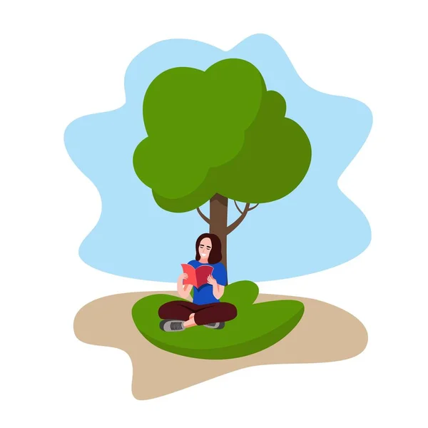 Woman reading and sitting near a tree. Concept for a book festival, fair, reading challenge. Vector illustration of girl with books.