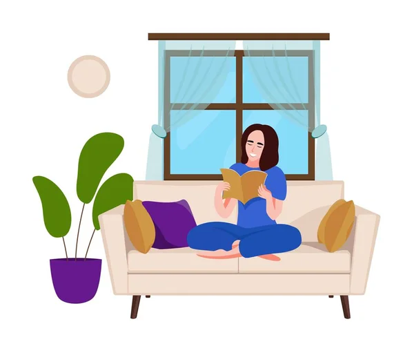 Chica Sentada Sofá Libro Lectura Habitación Acogedora Ilustración Vectorial — Vector de stock