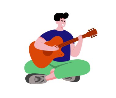 Gitar çalan adam düz tarzda sızıyor. Vektör çizimi.