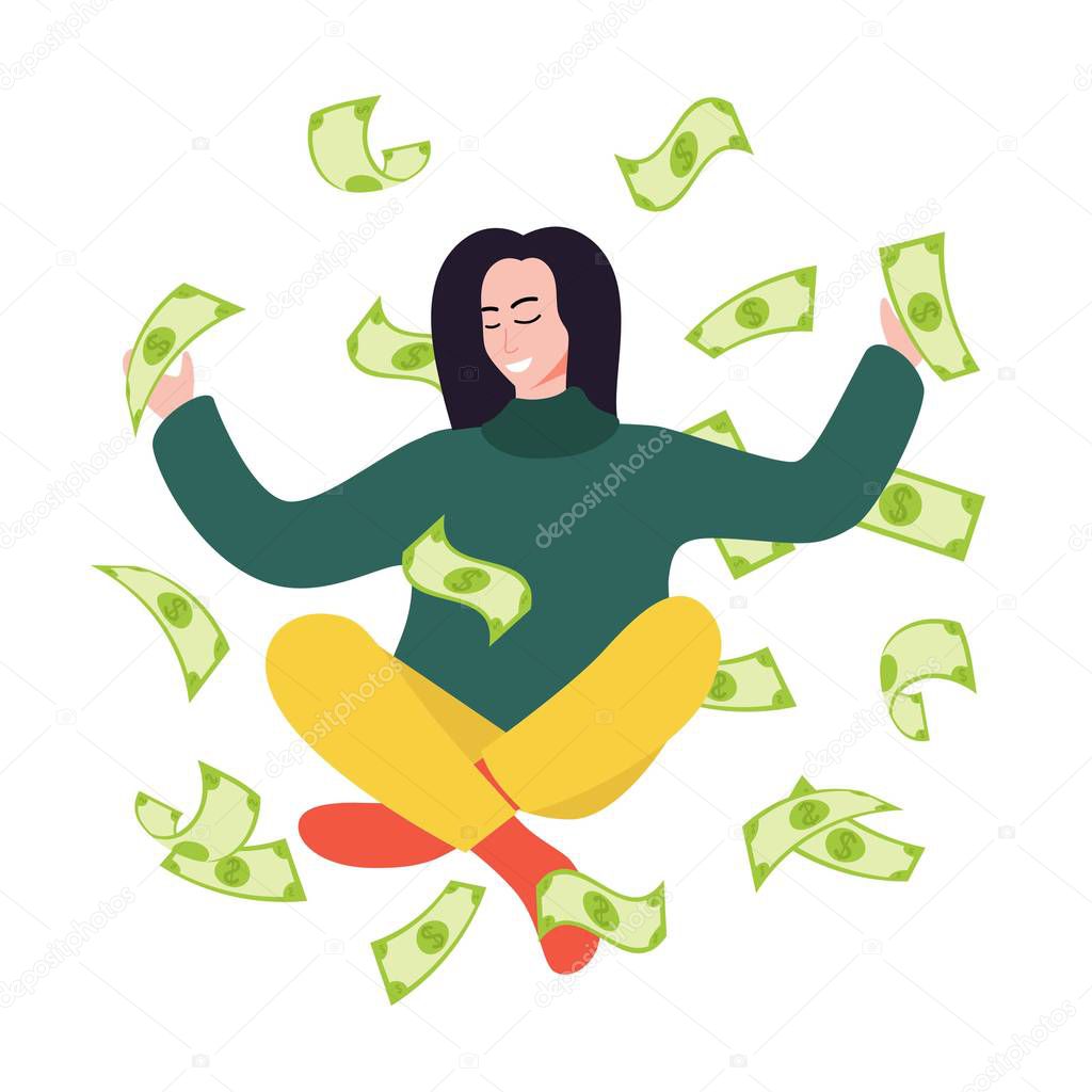 Happy girl in sweater, trousers and socks throwing up cash. Green cash rain. Vector illustration.