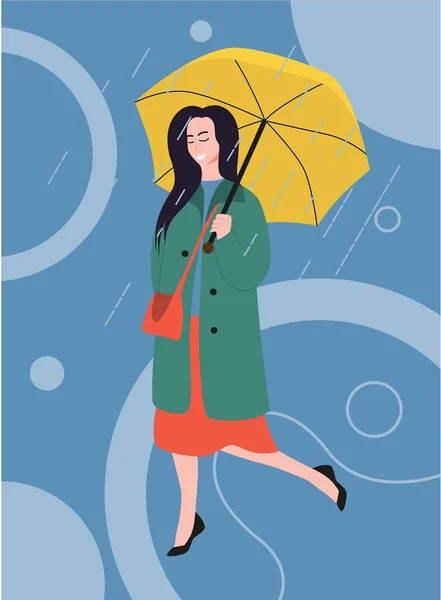 Ragazza Condizioni Meteorologiche Piovose Con Ombrello Giallo Giovane Donna Che — Vettoriale Stock
