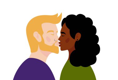 Adam ve kız öpüşüyorlar. Özgür aşk, ilişkiler, aşk ve romantizm kavramı. Düz biçimli vektör illüstrasyonu.