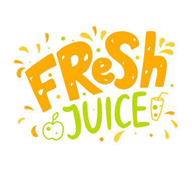 Taze meyve suyu için parlak çıkartmaların el yazması harfleri.