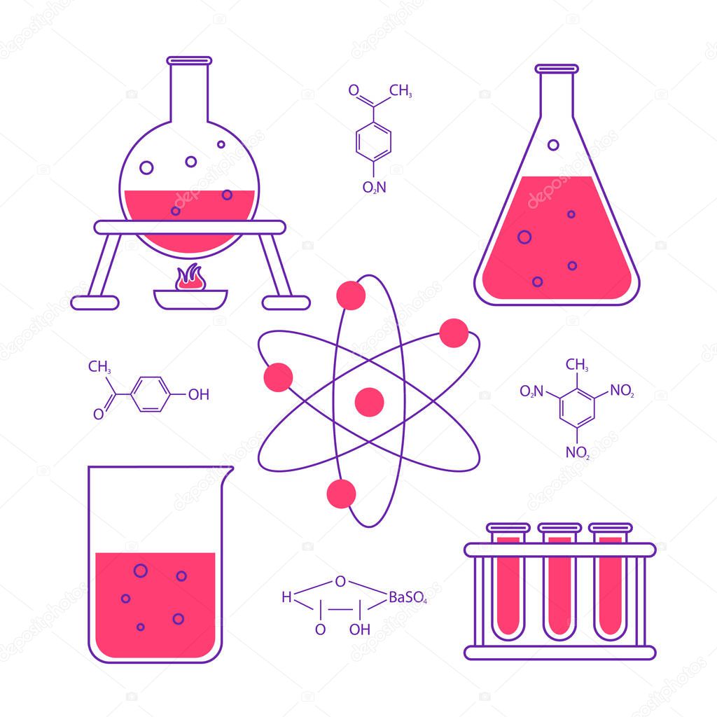 Vector illustration of different chemical elements in laboratory in flat style