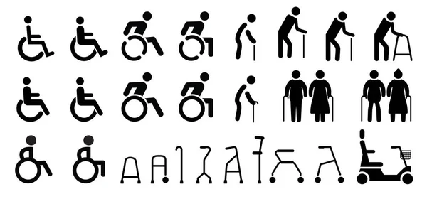 Ortopedik ekipman tekerlekli sandalye koltuk değneği yardım hareket eden insan vektör eps simgesi symbool temsil eden simgeler kümesi oturum handikap tıbbi sağlık hastane tuvalet wc banyo hastalık komik kadın ihtiyar