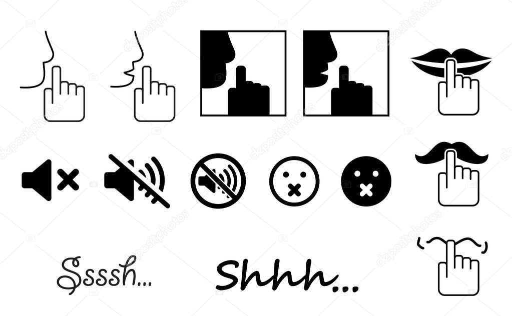 Silhouette of please be quiet silent or silence with finger over lips Face emoticon smiley no sound off flat icon verctor zzz sssh shhh whisper mouth hand no talking forbidden human love stop funny