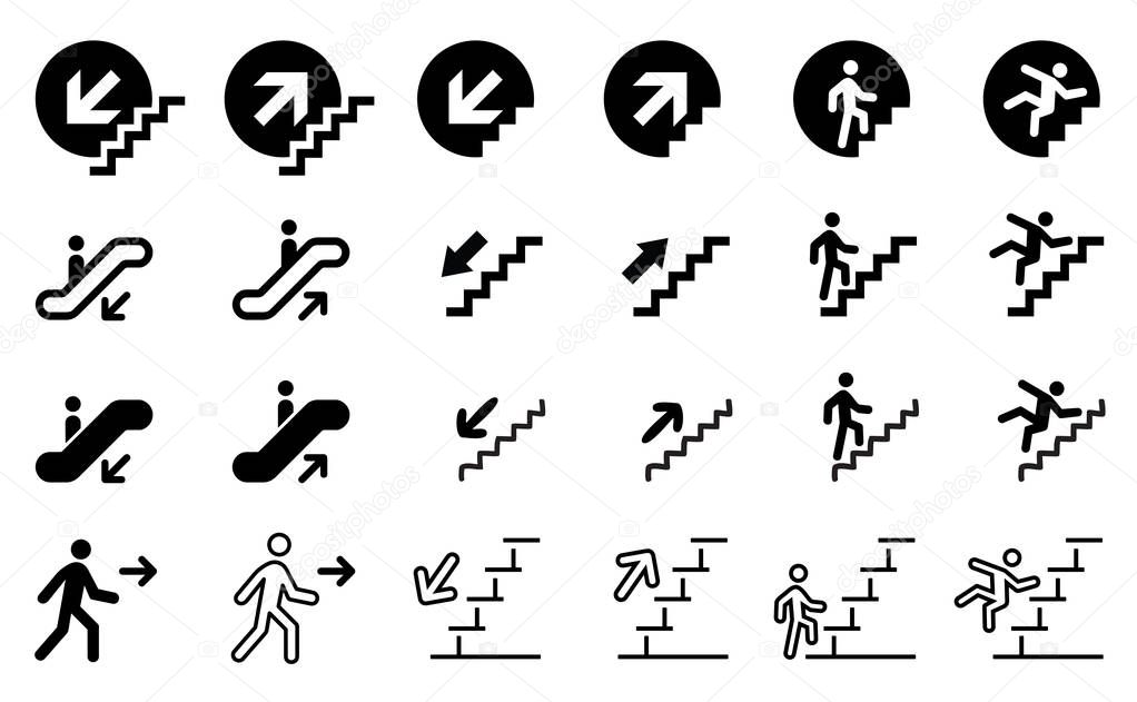 Stairs climbing walking set Go down up Escalator Airport Elevator Emergency exit Man person running Foot Walks walking icon vector sign steps Flame Fire Disaster Misfortune Calamity Warning footstep