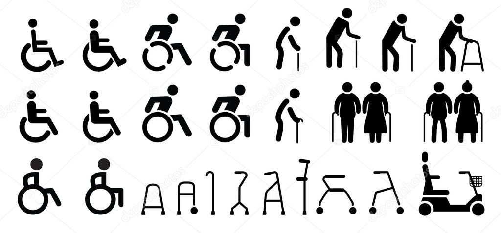 Set of icons that represent orthopedic equipment wheelchair crutches Aid  mobility Human Vector eps icon symbool sign Handicap medical health hospital toilet wc bathroom illness funny old woman man